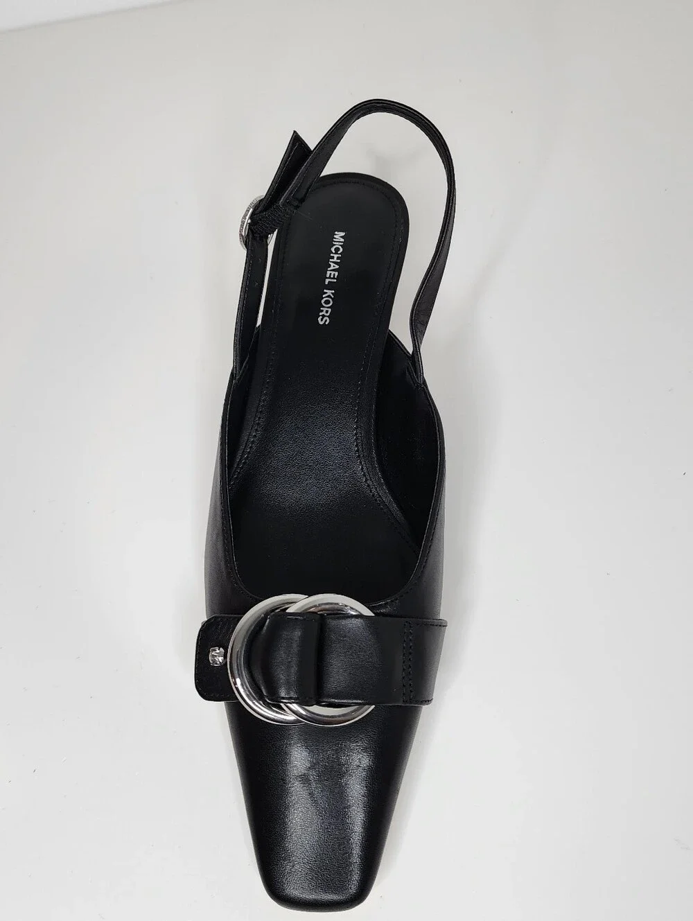 Michael Kors Jaden Black Leather Slingback Flats with Silver Ring Size 6.5